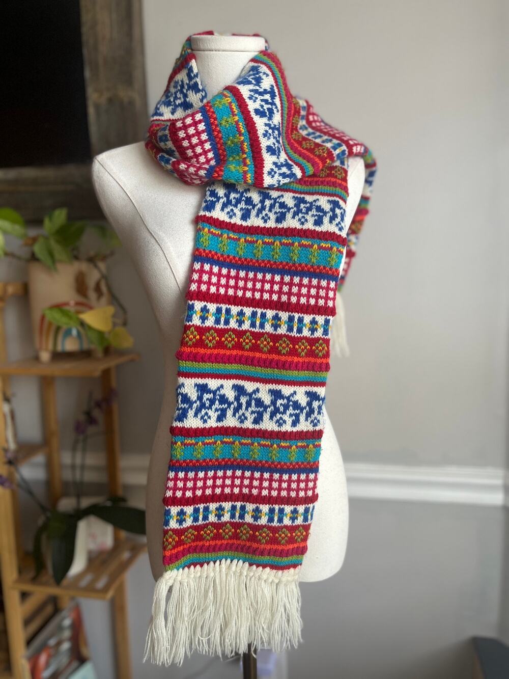 Vintage 90s Striped Knit Fringe Scarf Colorful Fair Isle Scandinavian